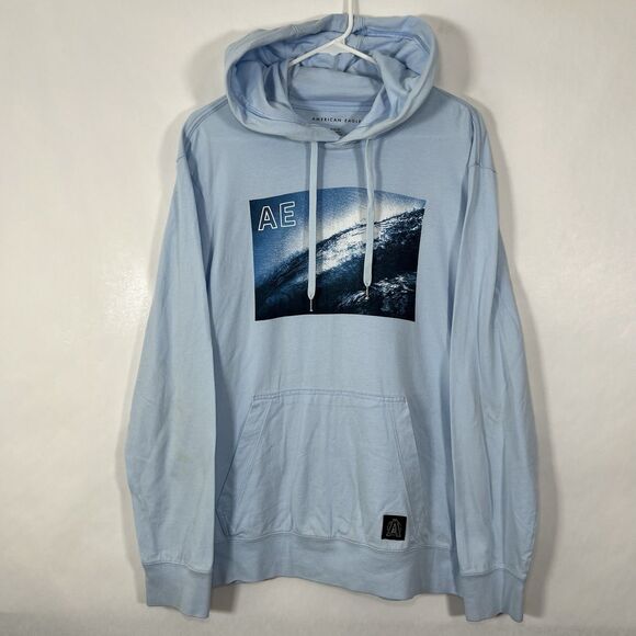 American Eagle Hoodie Mens Size Medium Light Blue Wave Graphic Standard Fit - Picture 1 of 14